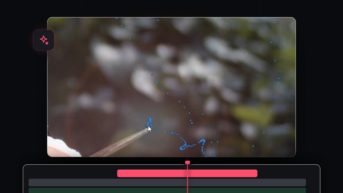 Wand tip with a trail of blue keyframe dots over a blurred forest background in Premiere Pro