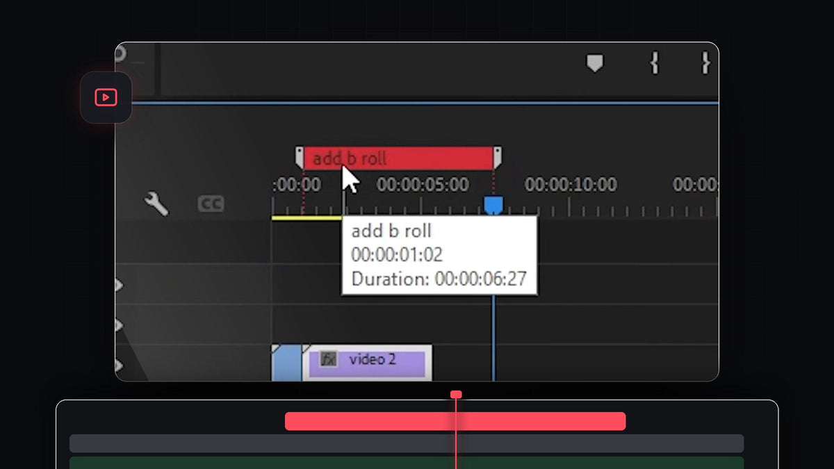 Red add b roll marker with its duration tooltip on the Premiere Pro timeline ruler