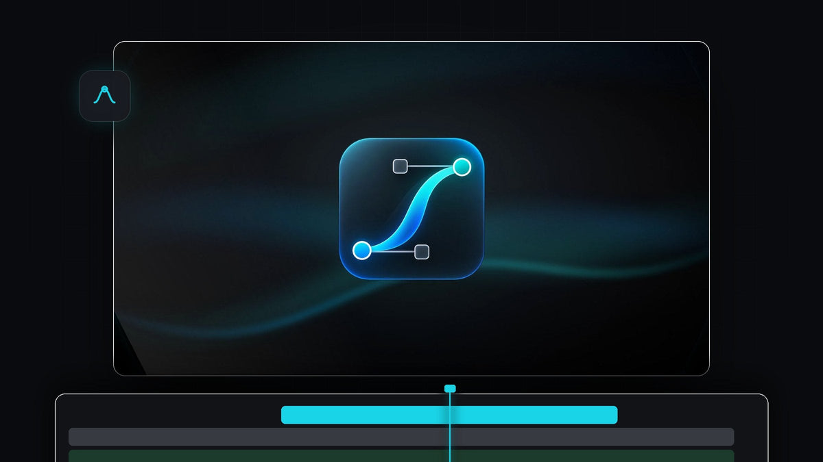The EaseFlow app icon, a glowing blue easing curve with bezier handles, on a dark background