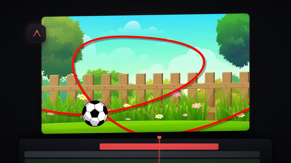 Football flying along a red curved path over a cartoon garden, an object animated along a path in Premiere Pro