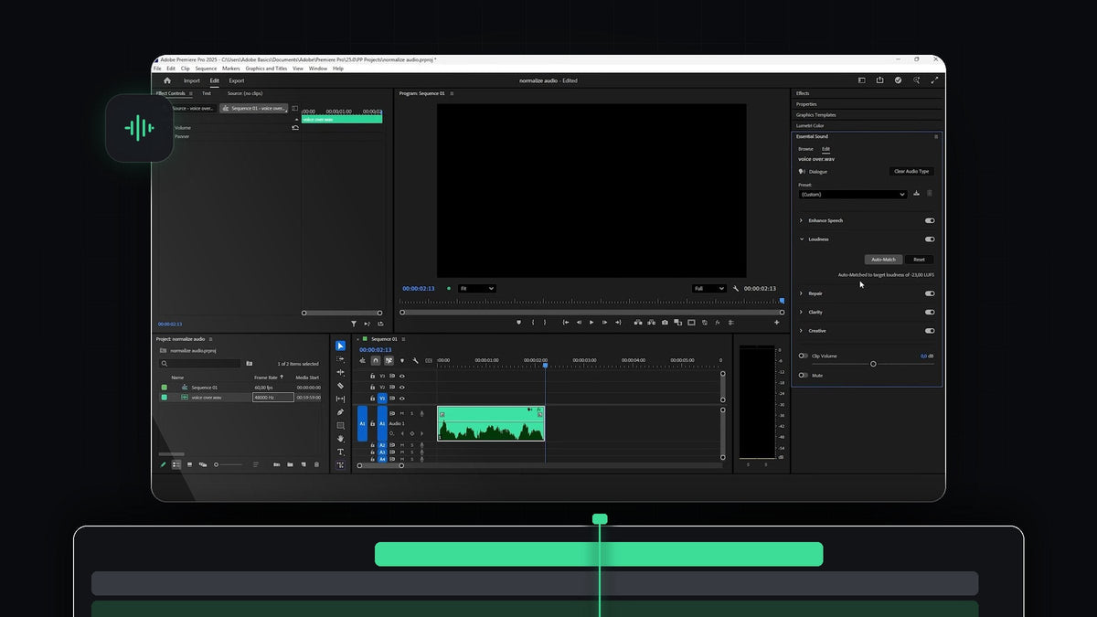 Premiere Pro Essential Sound panel with the Loudness Auto-Match button next to a voice-over clip on the timeline
