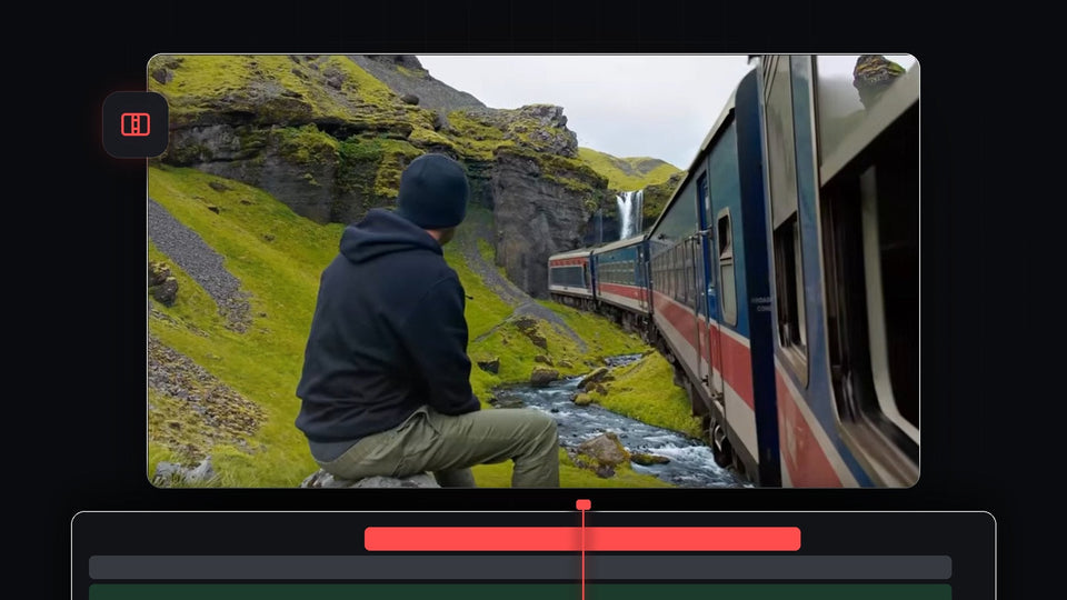 Blue and red train passing a man sitting by a waterfall, an object mask transition made in Premiere Pro