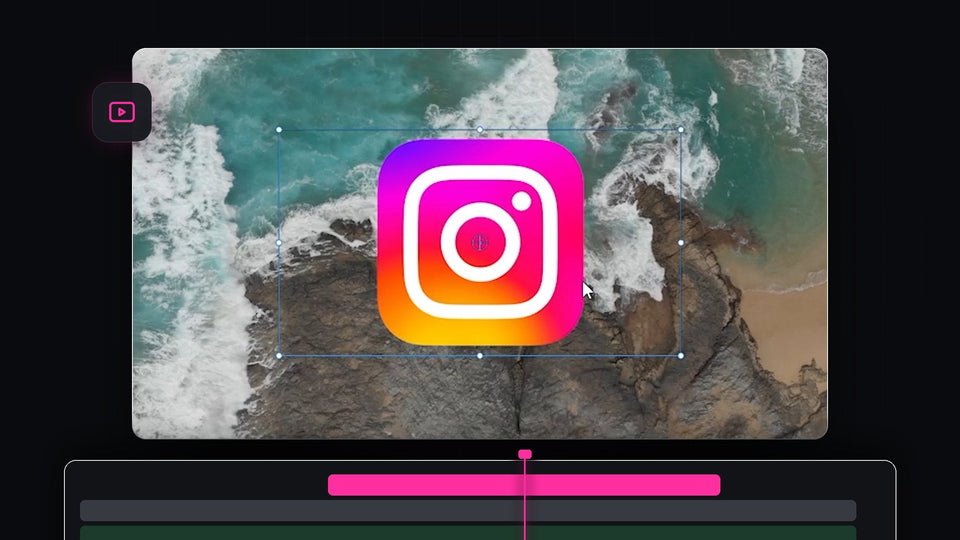 A colorful app logo overlaid on drone footage of ocean waves and rocks in Premiere Pro