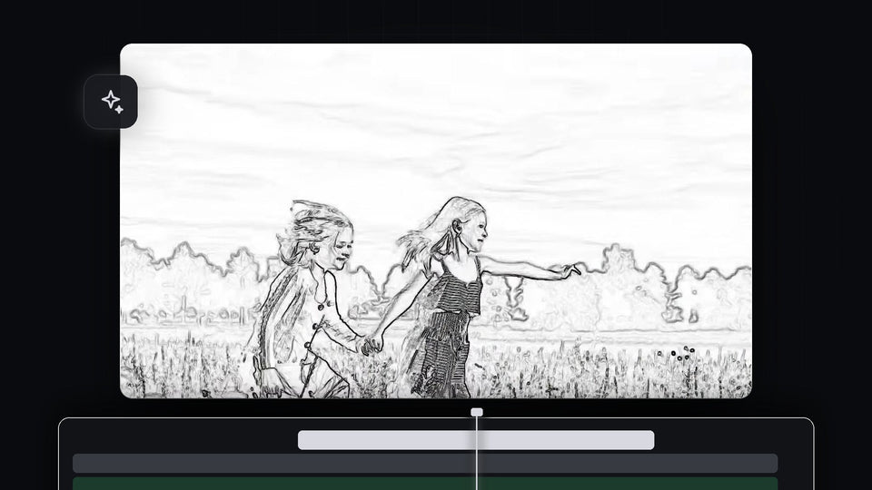 Two children running through a field drawn as a black and white pencil sketch in Premiere Pro