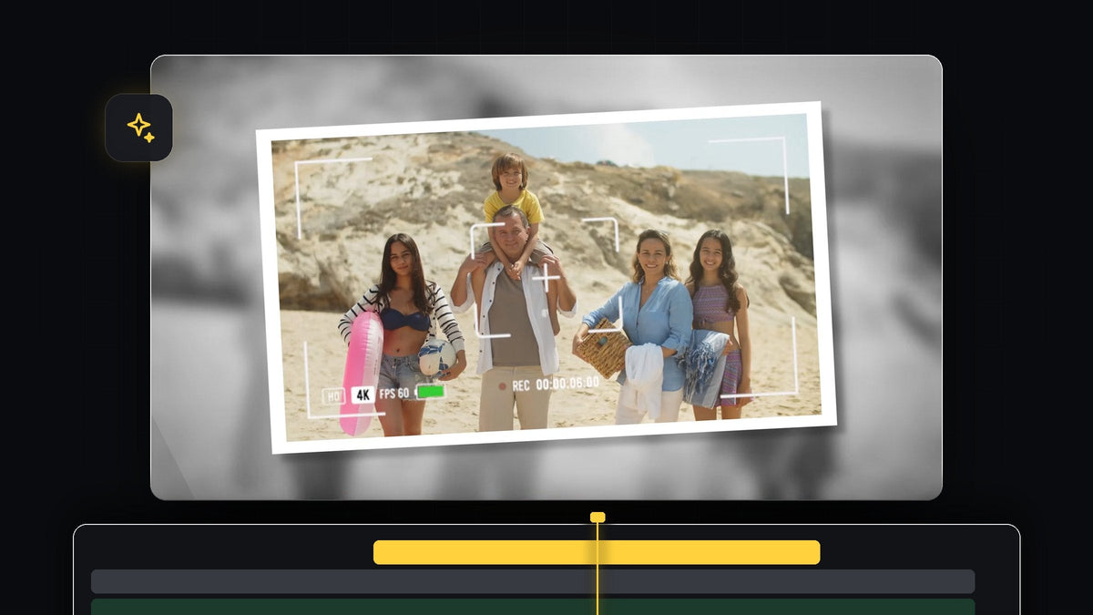 Family on a beach shown as a tilted white-bordered photo with a viewfinder overlay on a blurred black and white background