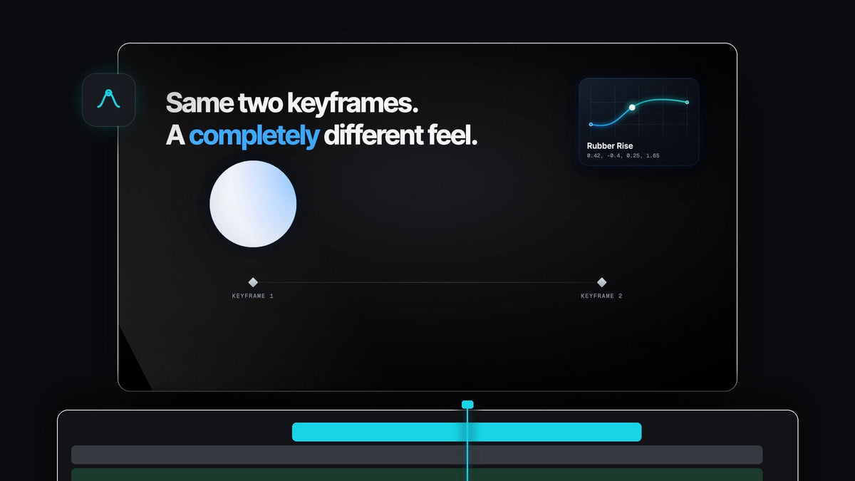 A ball between two keyframes with the EaseFlow Rubber Rise curve card and the words Same two keyframes. A completely different feel.