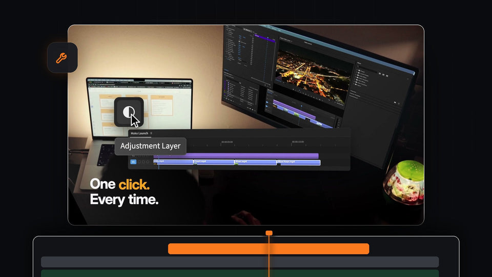 One click on the Mako Adjustment Layer button in Premiere Pro instead of four menu steps