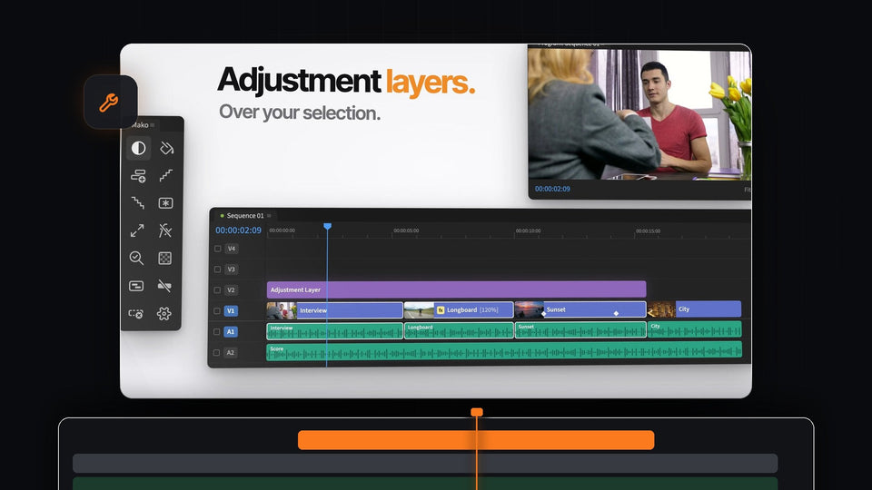 Mako panel next to a Premiere Pro timeline with one adjustment layer added over the selected clips in one click