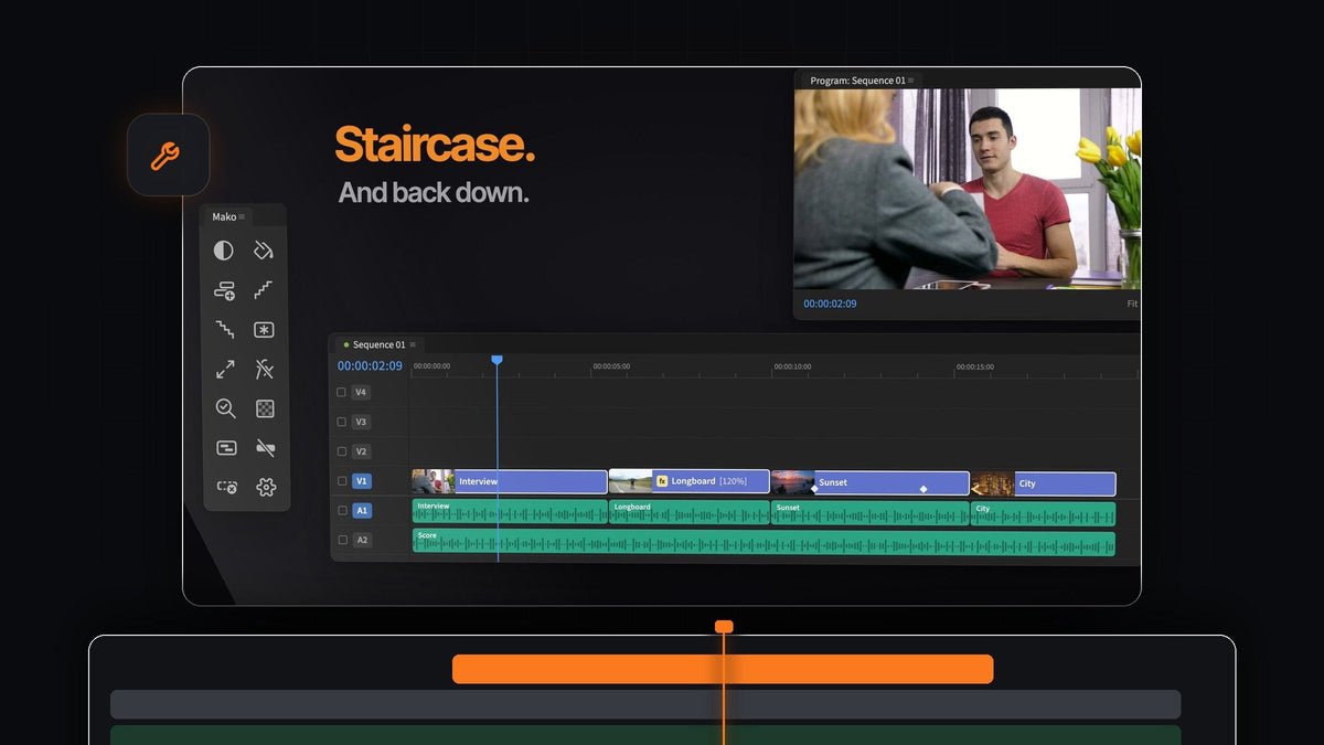 Mako Staircase result in Premiere Pro: clips stepped back down onto one track next to the Mako panel and Program Monitor