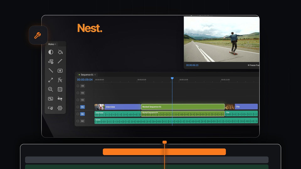Mako Nest in Premiere Pro: selected clips turned into one nested sequence on V1 next to the Mako panel