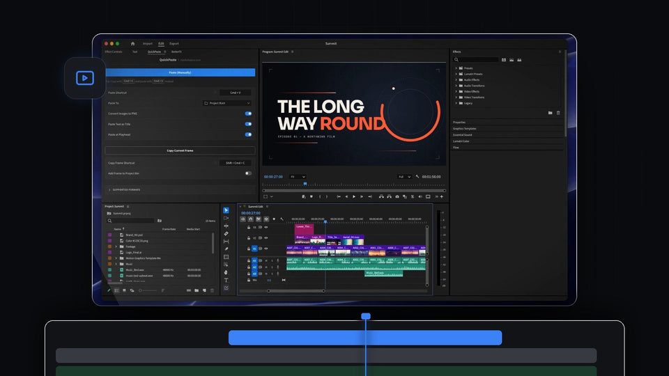 Premiere Pro with the QuickPaste panel open next to a title card and a timeline of pasted files