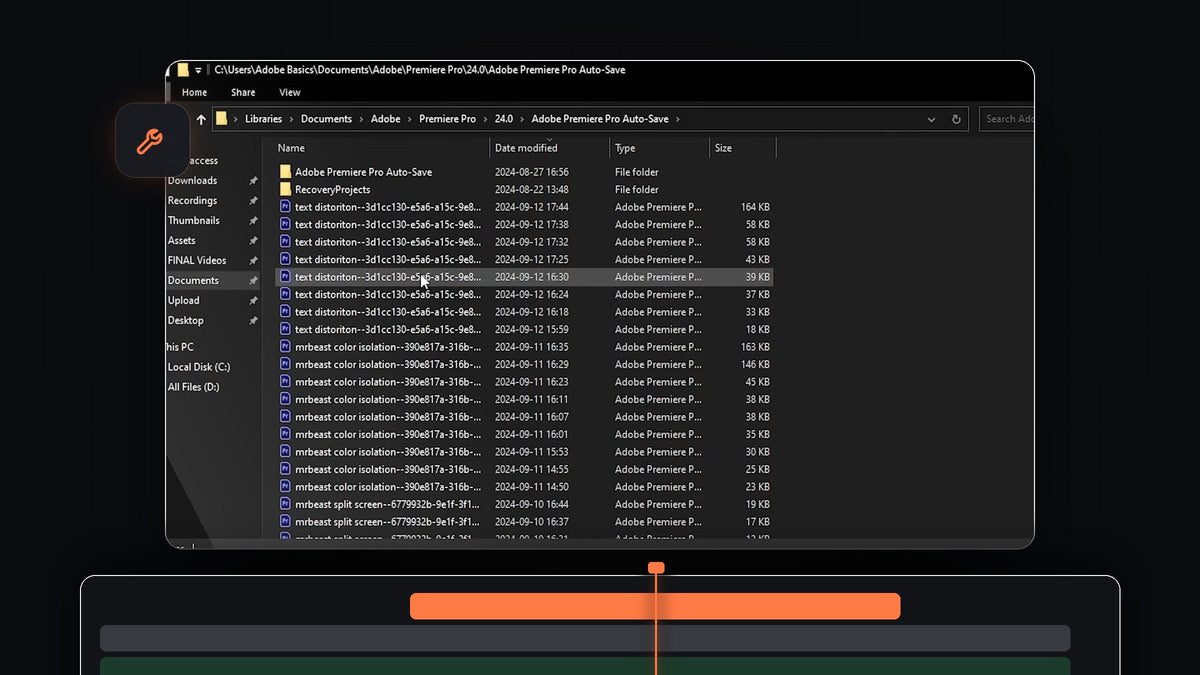 File Explorer showing the Adobe Premiere Pro Auto-Save folder with backup project files used to recover a project