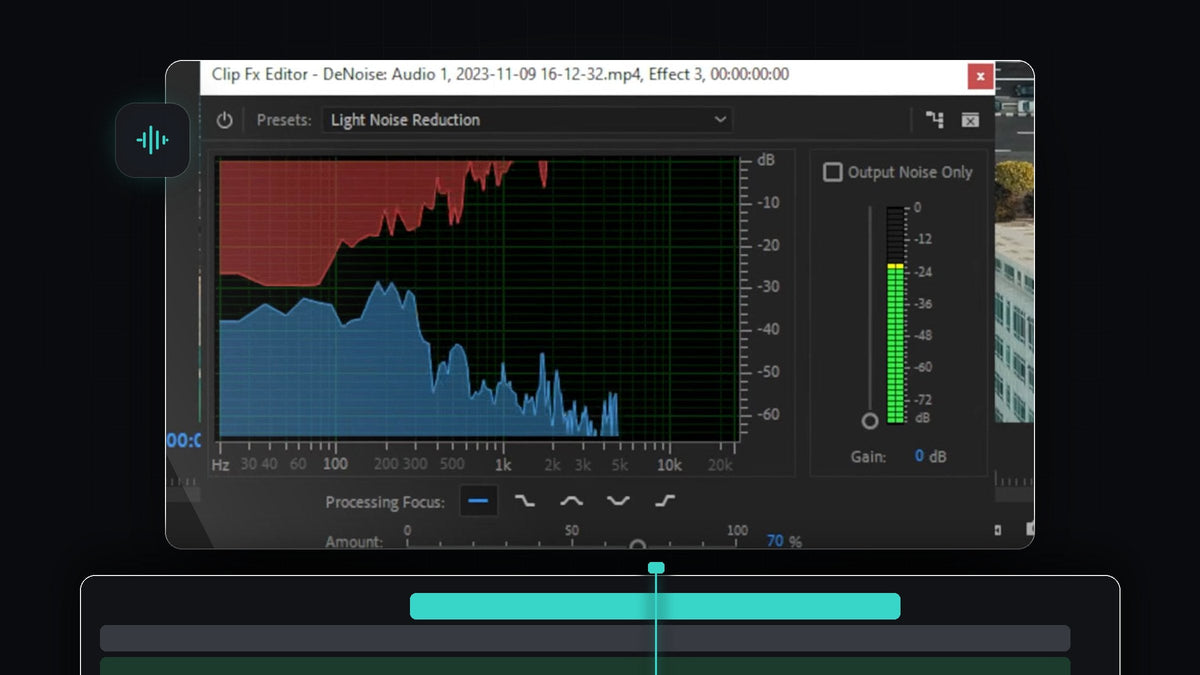 Premiere Pro DeNoise Clip Fx Editor with red and blue frequency graph used to remove background noise