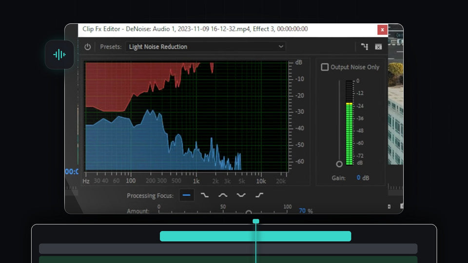 Premiere Pro DeNoise Clip Fx Editor with red and blue frequency graph used to remove background noise