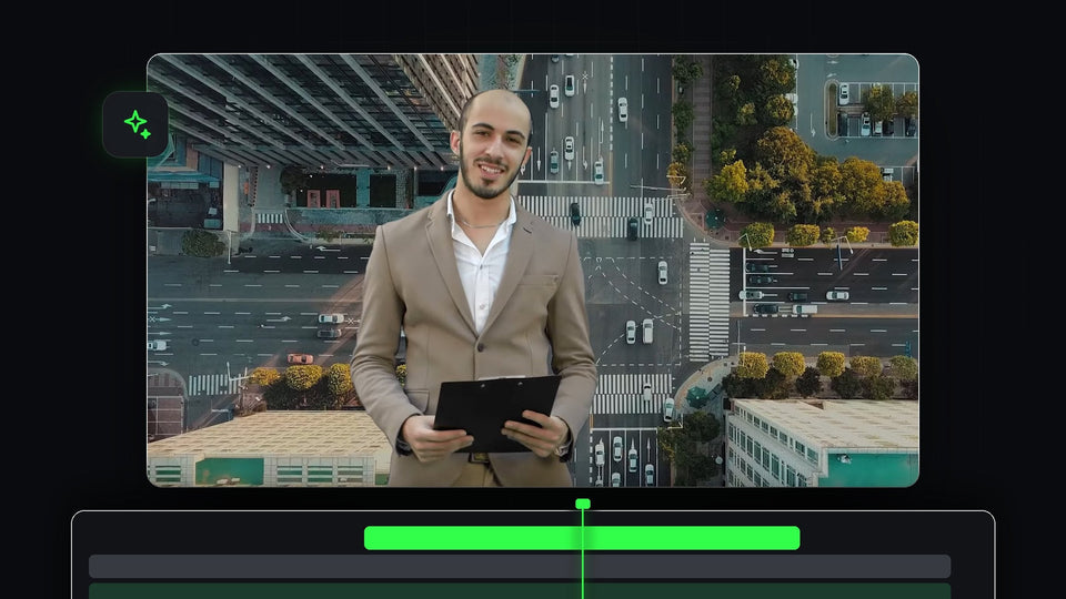 Presenter in a beige suit in front of an aerial city background after green screen removal in Premiere Pro