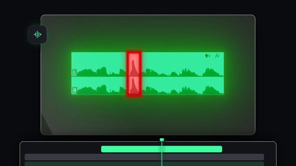 Green audio waveform in Premiere Pro with a microphone pop spike highlighted in red