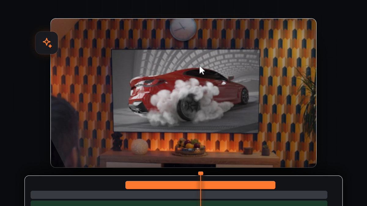 A drifting red car video playing on a wall-mounted TV in a warm orange room, replaced using Corner Pin in Premiere Pro