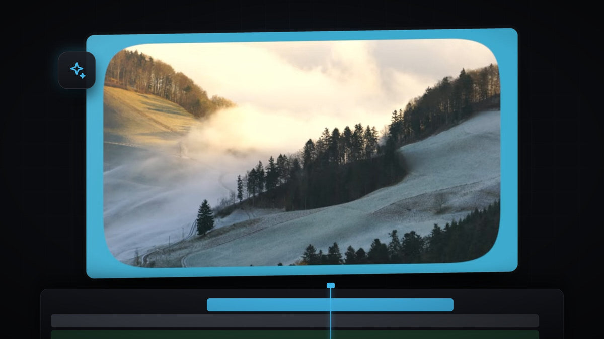Misty hillside video clip with rounded corners inside a blue frame in Premiere Pro