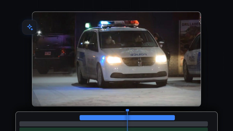 A white police van with flashing blue and red lights at night used for the shake object effect in Premiere Pro