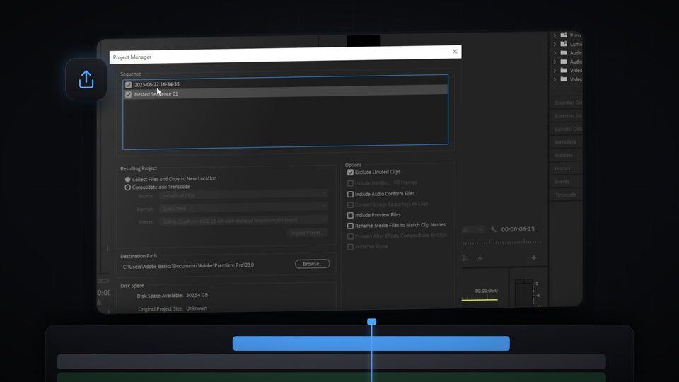 Premiere Pro Project Manager window with sequences selected and Collect Files and Copy to New Location chosen
