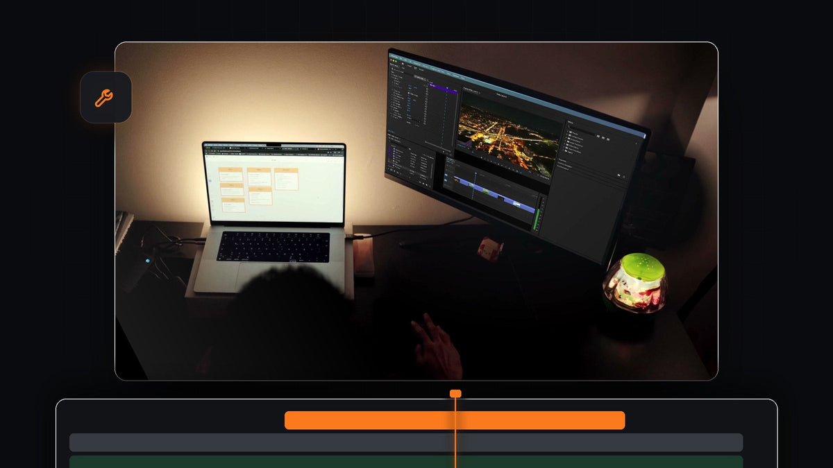An editor's desk at night with Premiere Pro open on the monitor, from the Mako launch film
