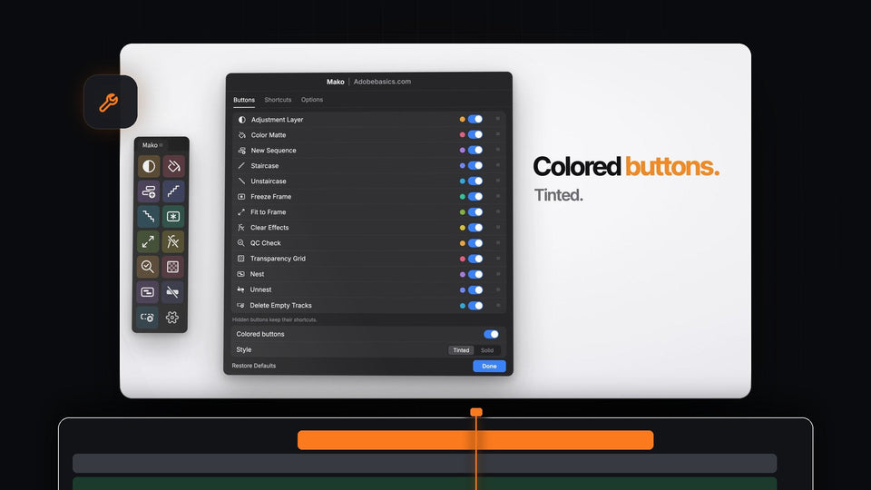 Mako Settings in Premiere Pro with tinted colored buttons and the Buttons tab listing all 13 one-click tools