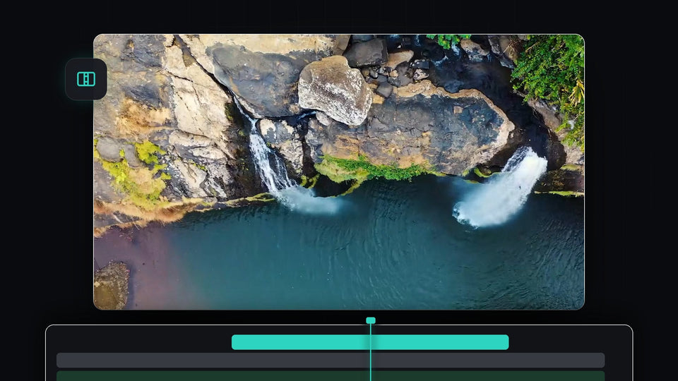 Aerial view of a waterfall and turquoise water, the first clip used in the Premiere Pro slide transition tutorial