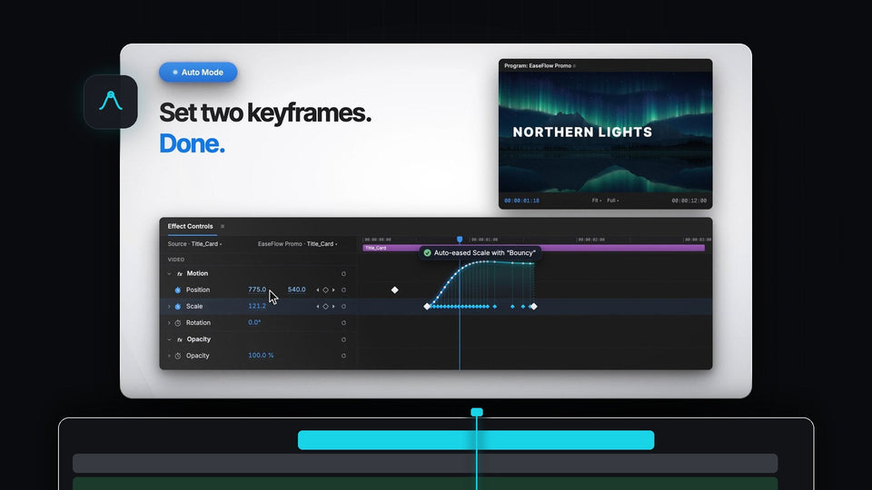 EaseFlow Auto Mode in Premiere Pro auto-easing Scale keyframes with the Bouncy curve under the words Set two keyframes. Done.