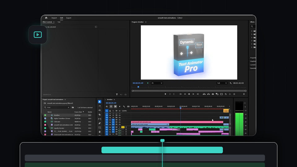 Premiere Pro workspace with a long multi-track timeline and a product graphic in the Program Monitor