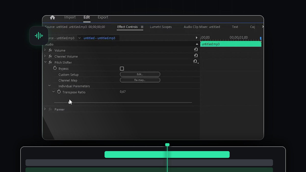 Pitch Shifter effect with the Transpose Ratio slider in the Premiere Pro Effect Controls panel above an audio clip