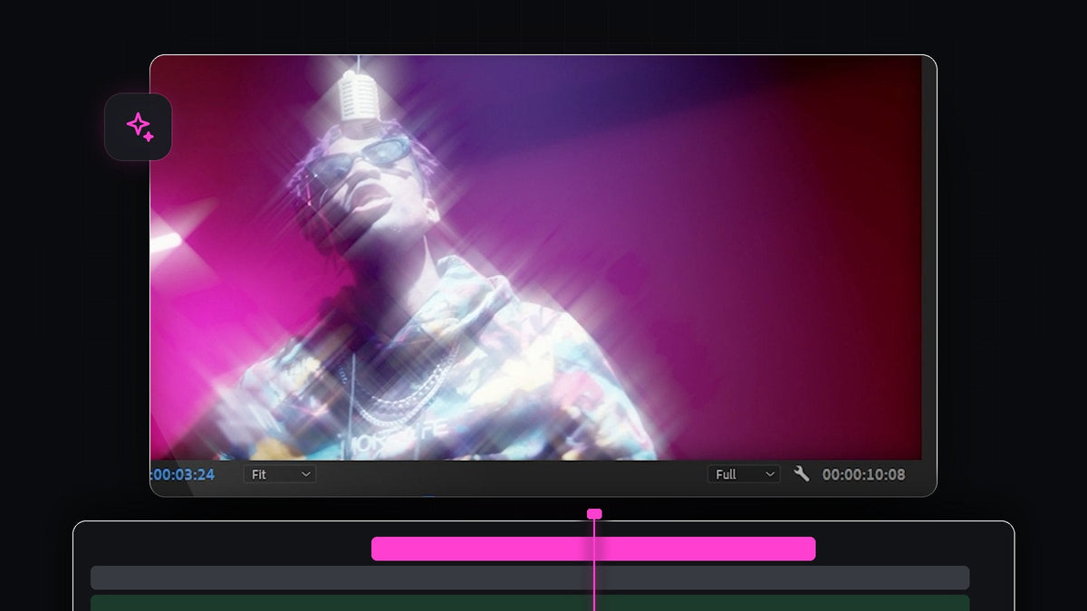Man with sunglasses under a microphone surrounded by star-shaped light streaks and magenta glow