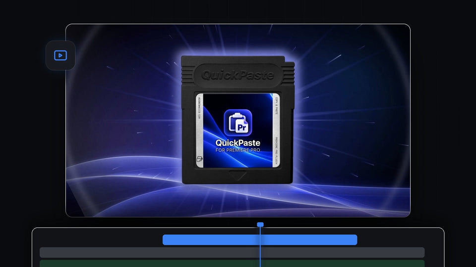 The QuickPaste for Premiere Pro cartridge glowing on a blue light streak background
