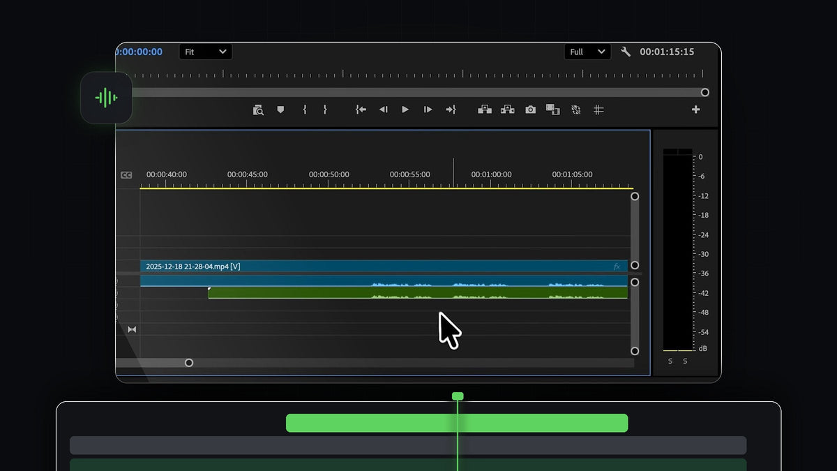 Premiere Pro timeline with a video clip and a green external audio clip synced by waveform
