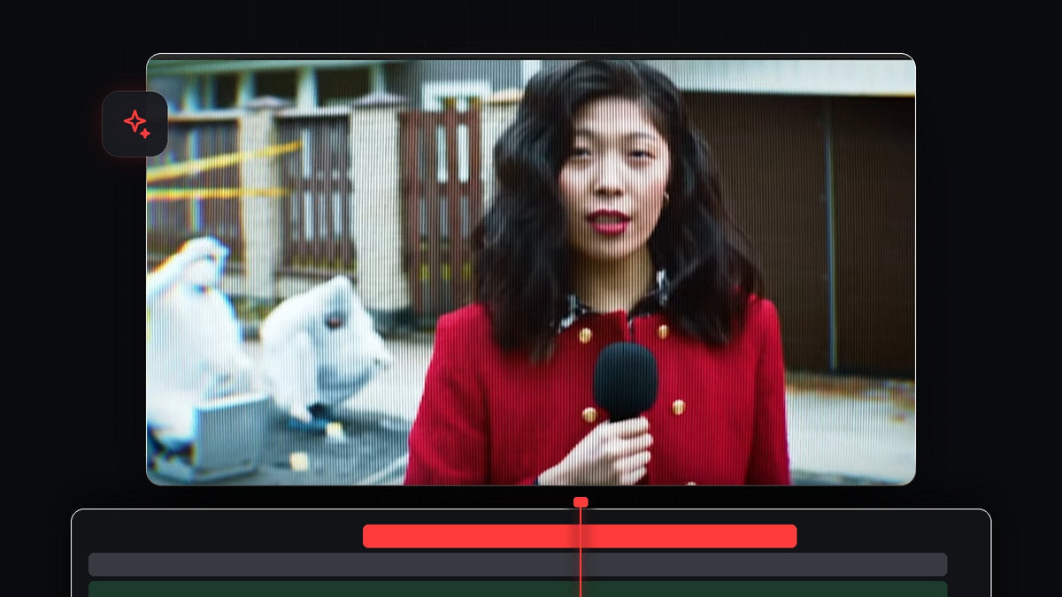 News reporter in a red coat with vertical TV scan lines and soft color fringing in Premiere Pro