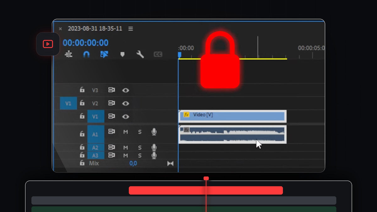 A red padlock over the Premiere Pro timeline with a video clip and its linked audio clip