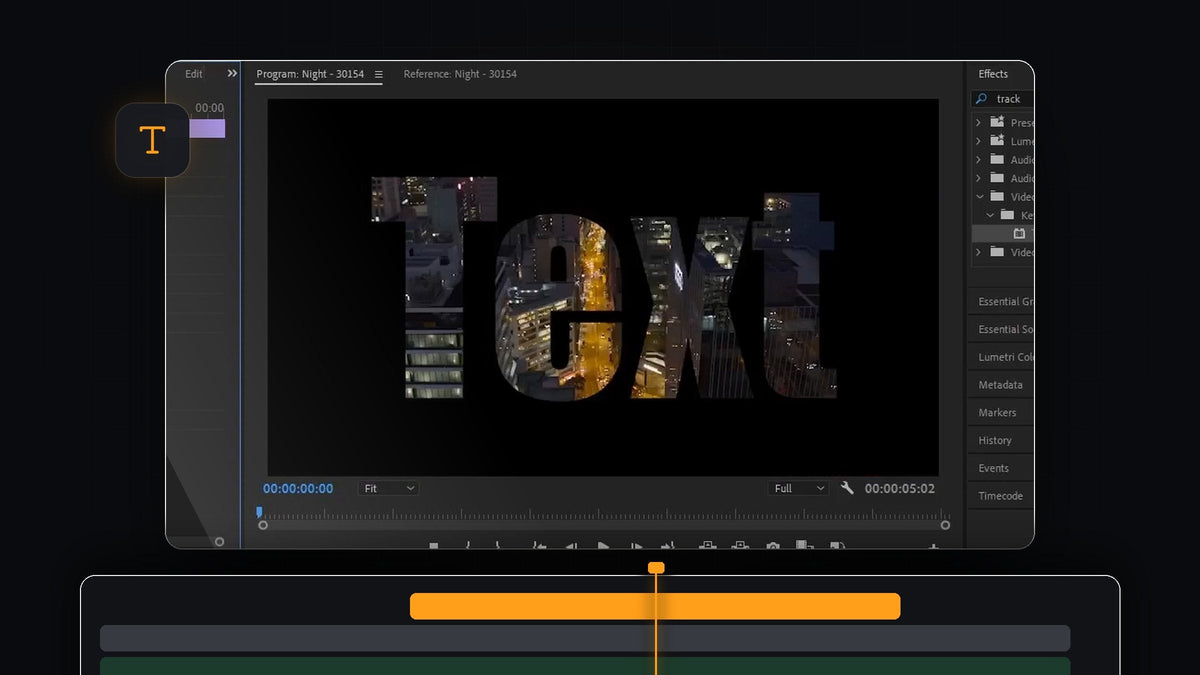 A night city skyline video playing inside the letters of the word Text in Premiere Pro