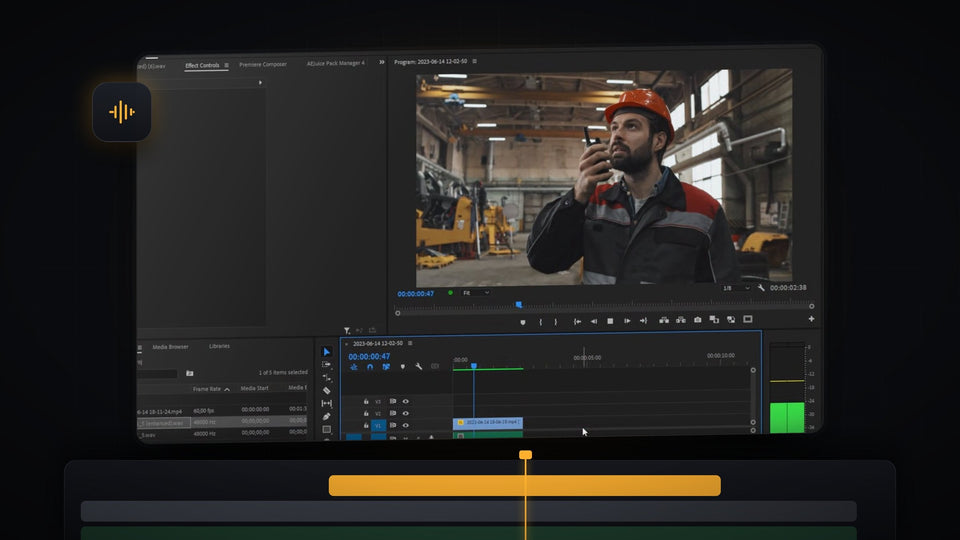 Premiere Pro project with a worker in a hard hat holding a walkie talkie in the Program Monitor