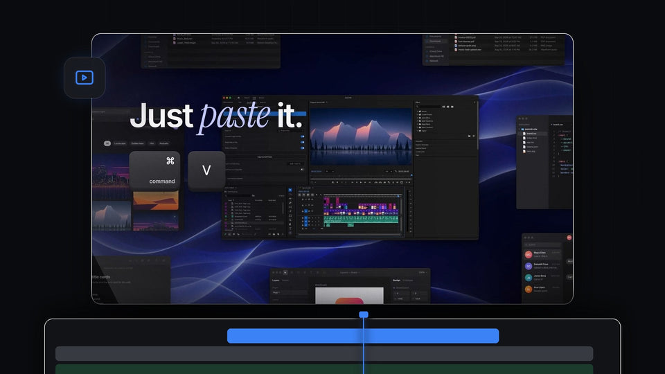 Just paste it: Cmd and V keys next to Premiere Pro with the QuickPaste panel, surrounded by Finder, browser and code windows