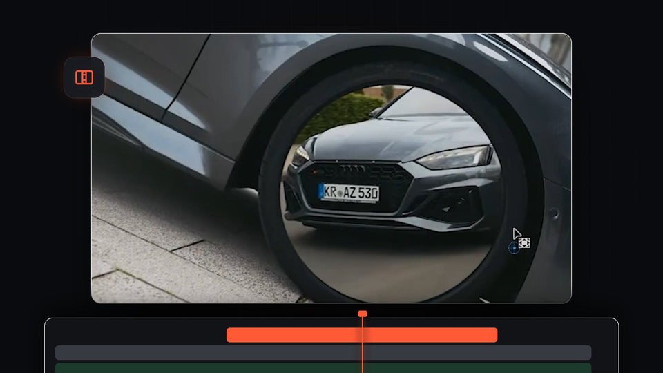 Grey sports car seen through a wheel rim mask at the start of a zoom out transition in Premiere Pro